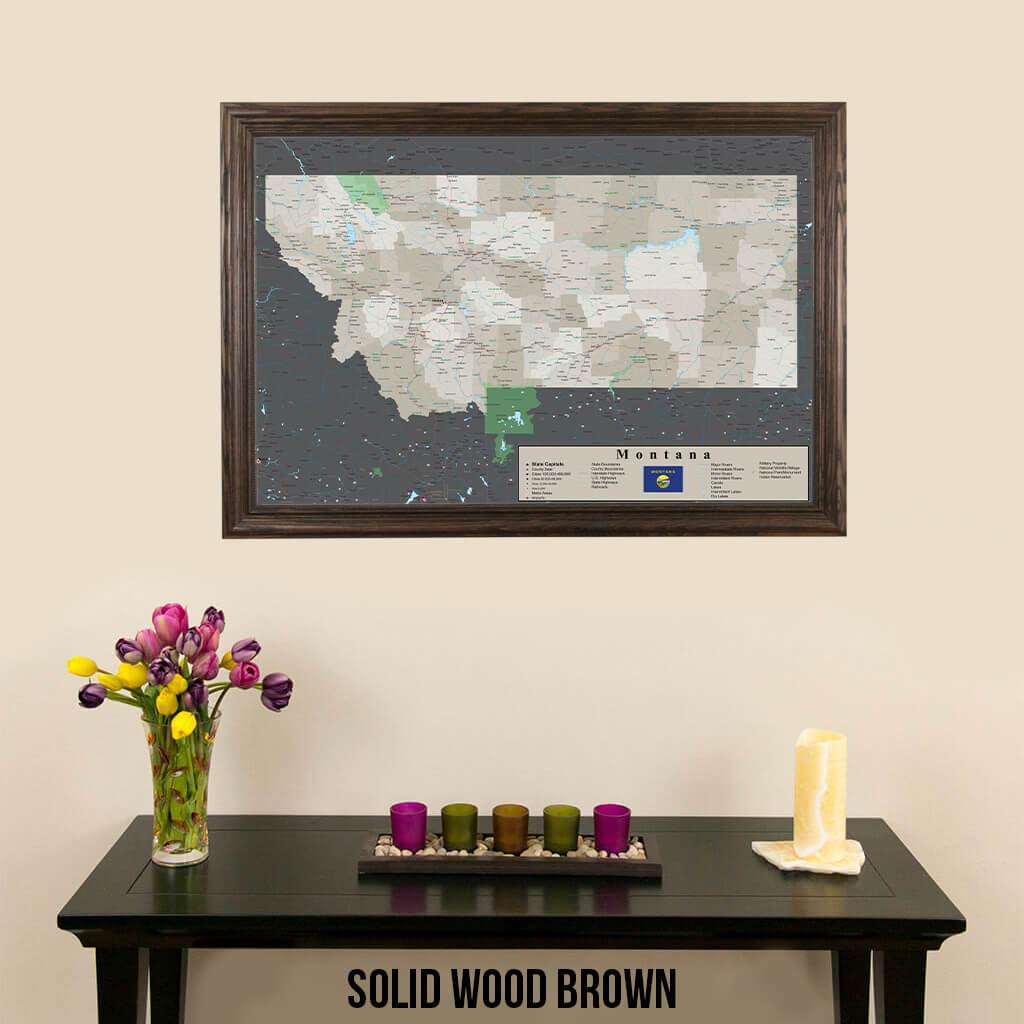 Earth Toned Montana State Push Pin Map Solid Wood Brown Frame