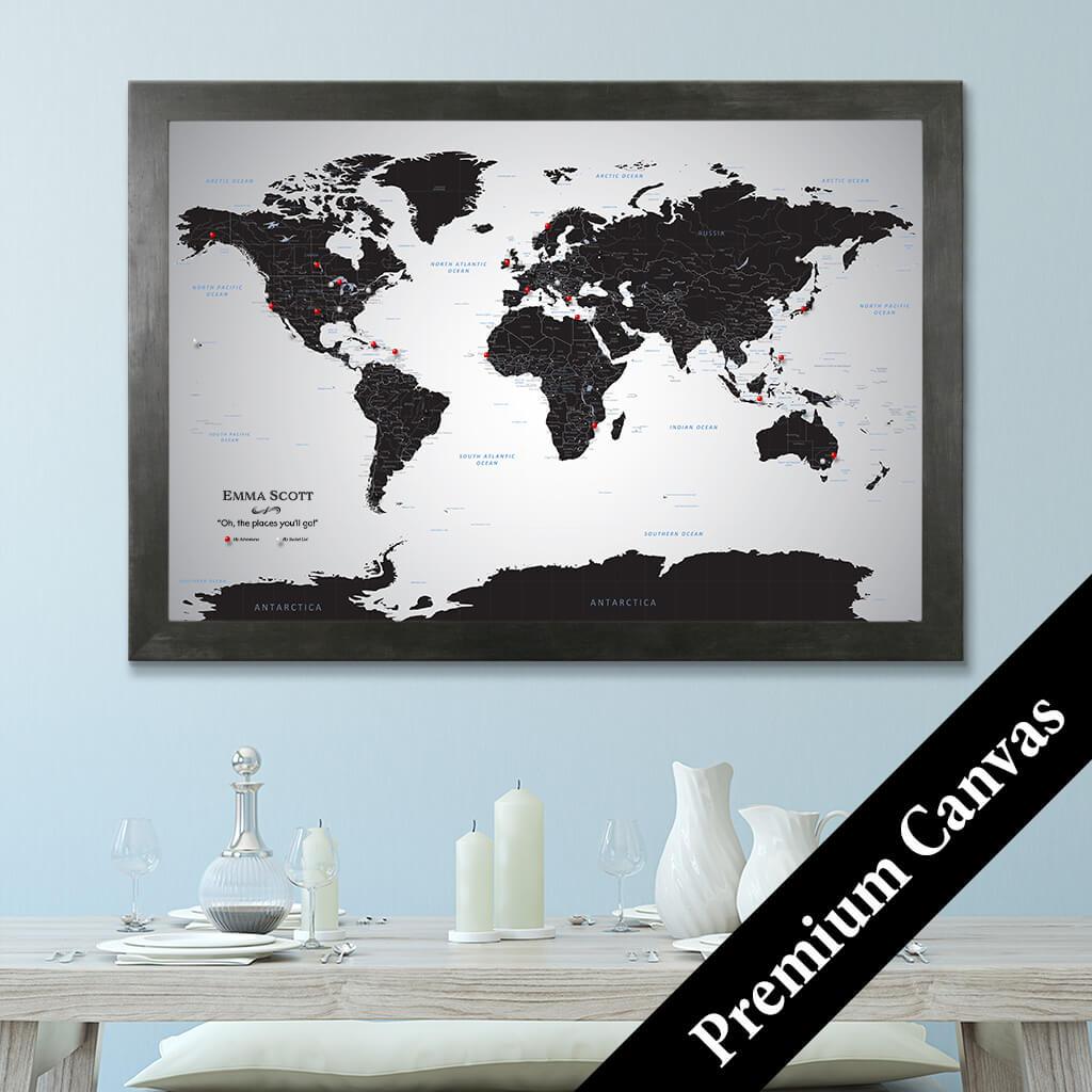 Canvas Black Ice World Map with Pins