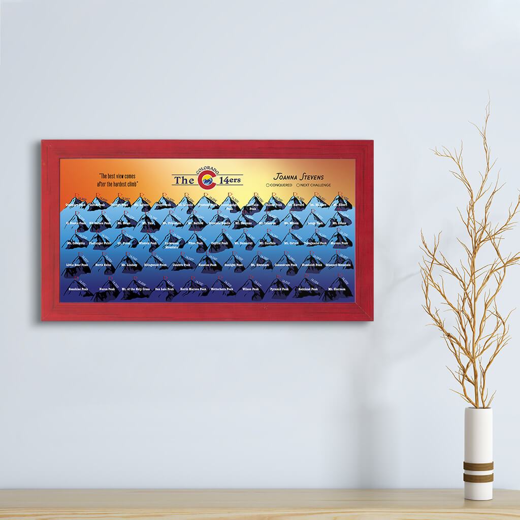 Colorado 14ers Bucket List Shown in Premium Carnival Red Frame