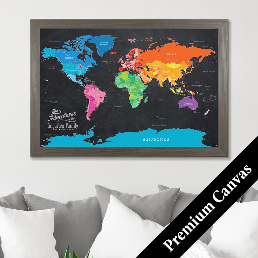 Framed Canvas Bright Night Push Pin World Travel Map 