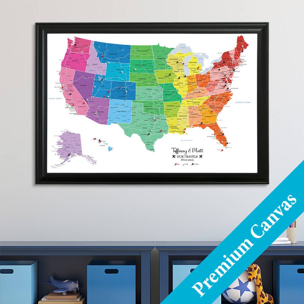 Colorful USA Travel Map on Canvas with Pins
