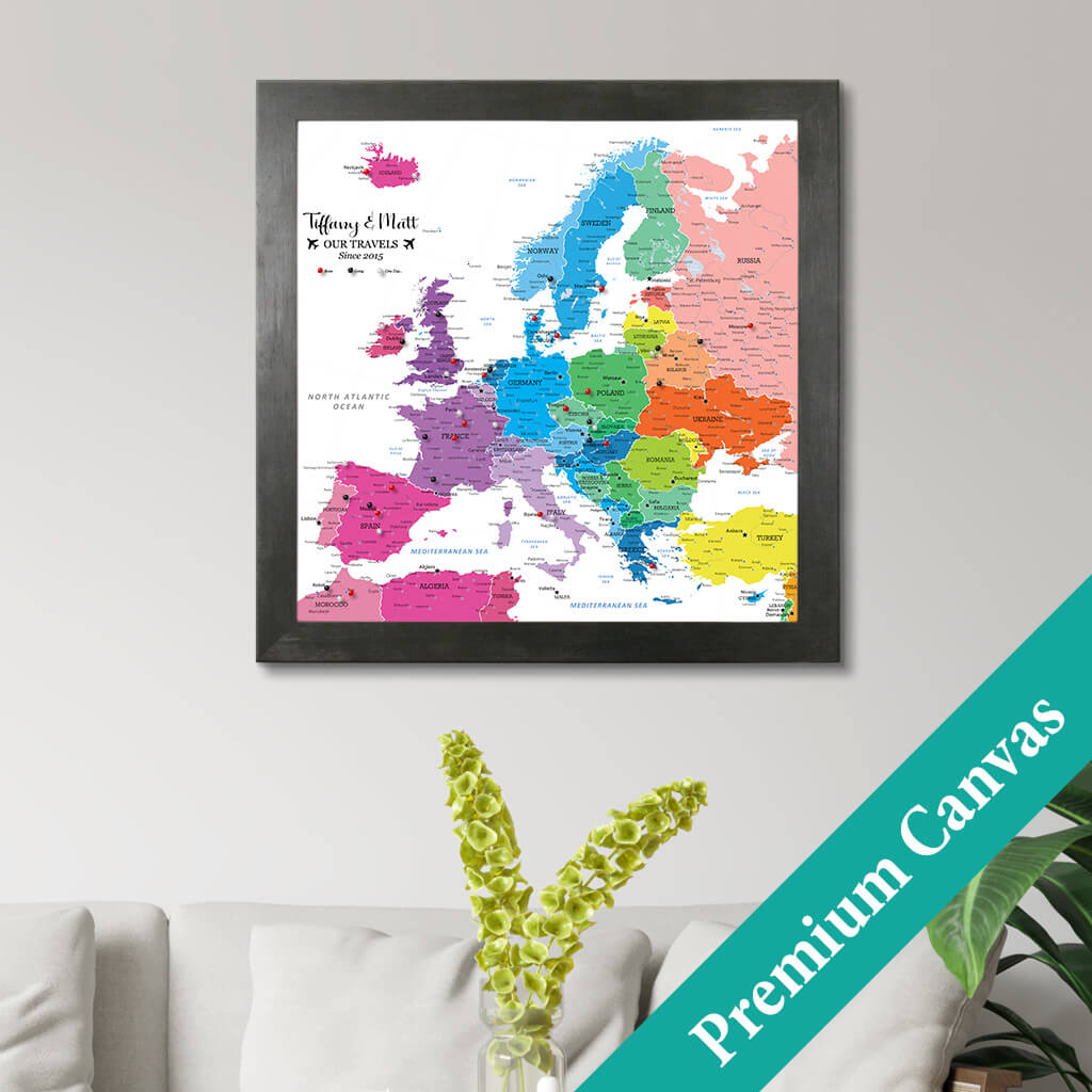 Framed Canvas Colorful Europe Push Pin Travel Map  with Pins
