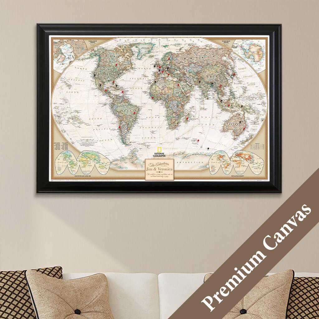 Executive World Push Pin Travel Map on Canvas