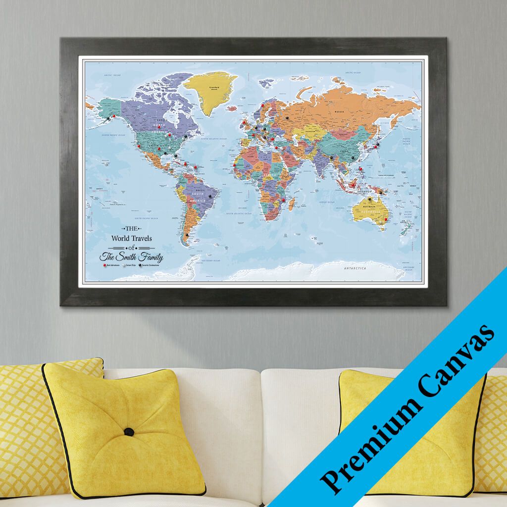 Canvas - Blue Oceans World Travel Map with pins