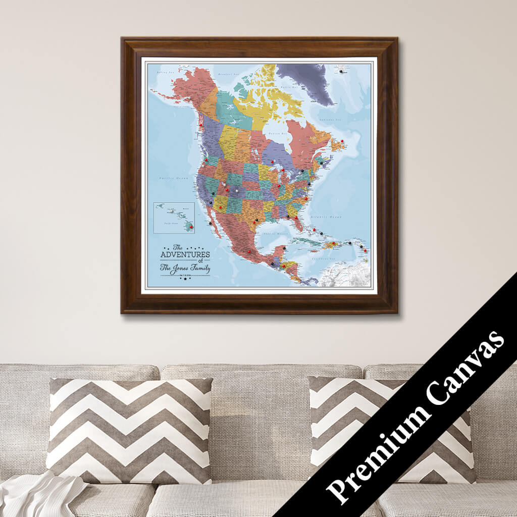 Framed Canvas Blue Oceans North America Push Pin Map with Pins
