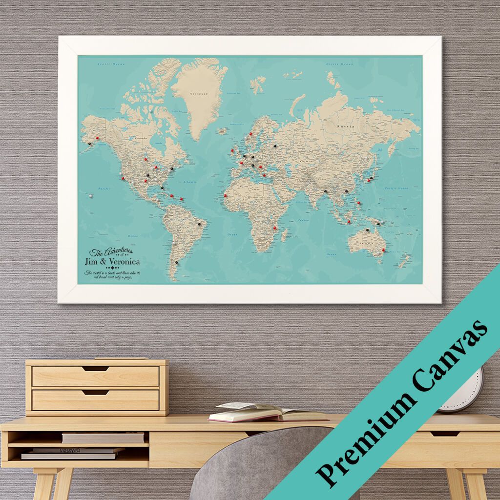 Canvas Teal Dreams World Travel Map with Pins