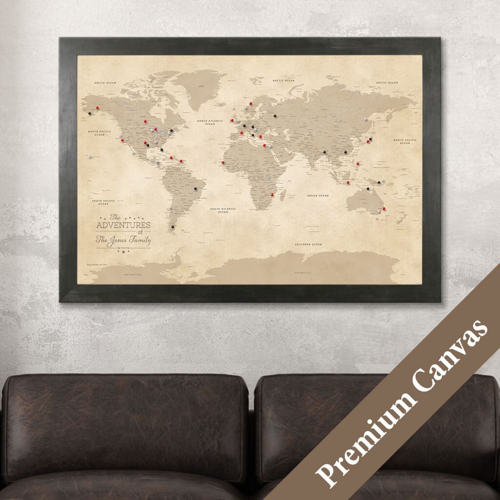 Vintage World Map on Canvas with Pins