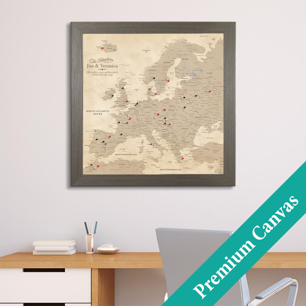 Square Framed Canvas Vintage Map of Europe with Pins