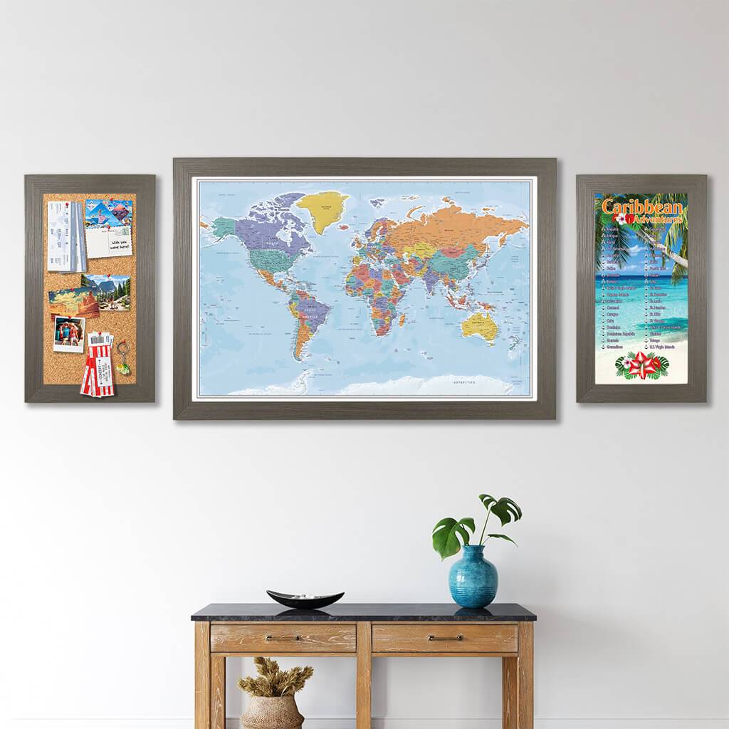 Memo Board Barnwood Gray with Blue Oceans World Map and Caribbean Bucket List