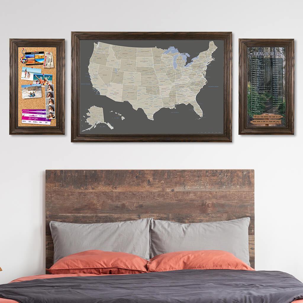 Memo Board in Solid Wood Brown Frame with Earth Toned US Map and Hiking in the US Bucket List