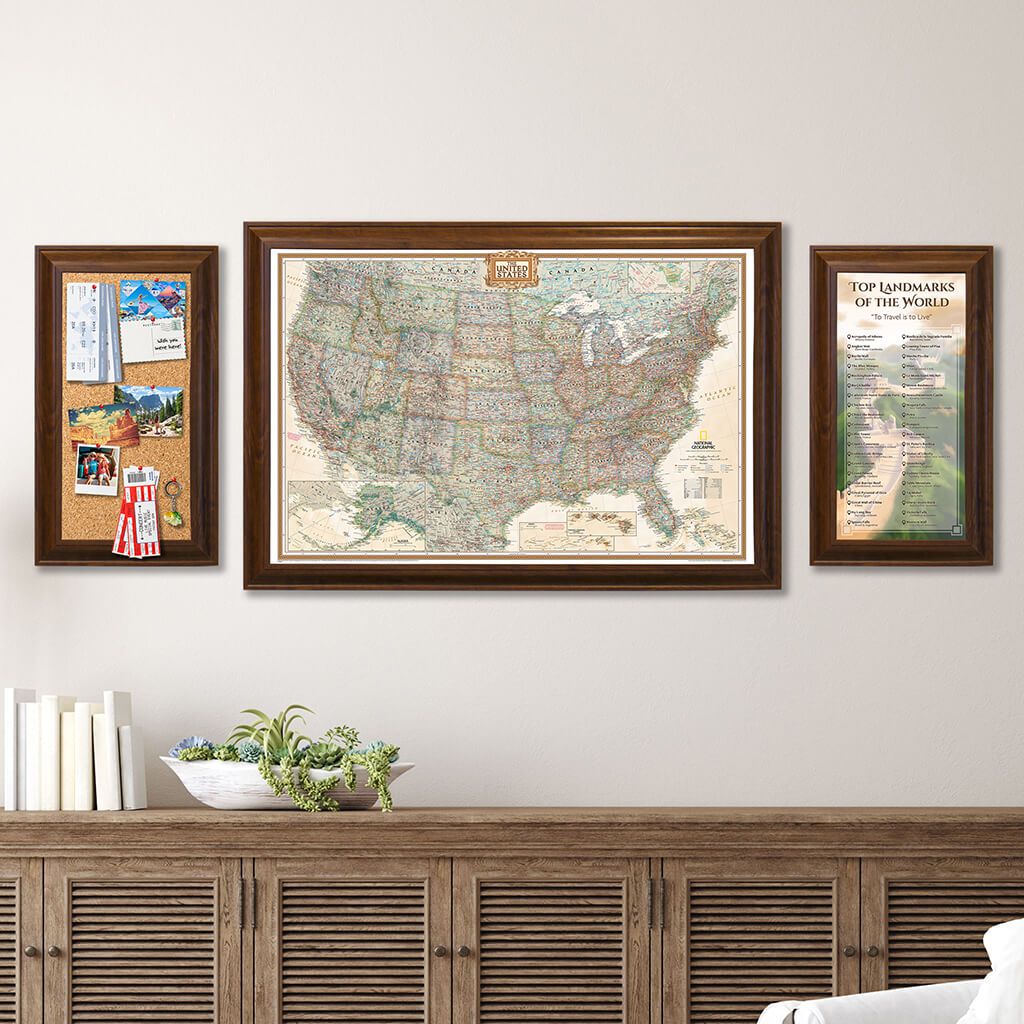 Memo Board in Brown Frame with Executive US Map and Top Landmarks Bucket List