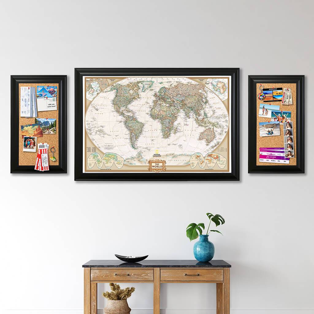 Cork Memory Boards with a Push Pin Travel Map in black frames