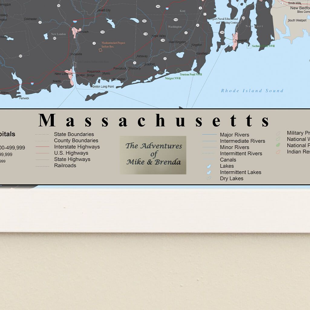 Earth Toned Massachusetts Push Pin Map with Pins Plaque Location