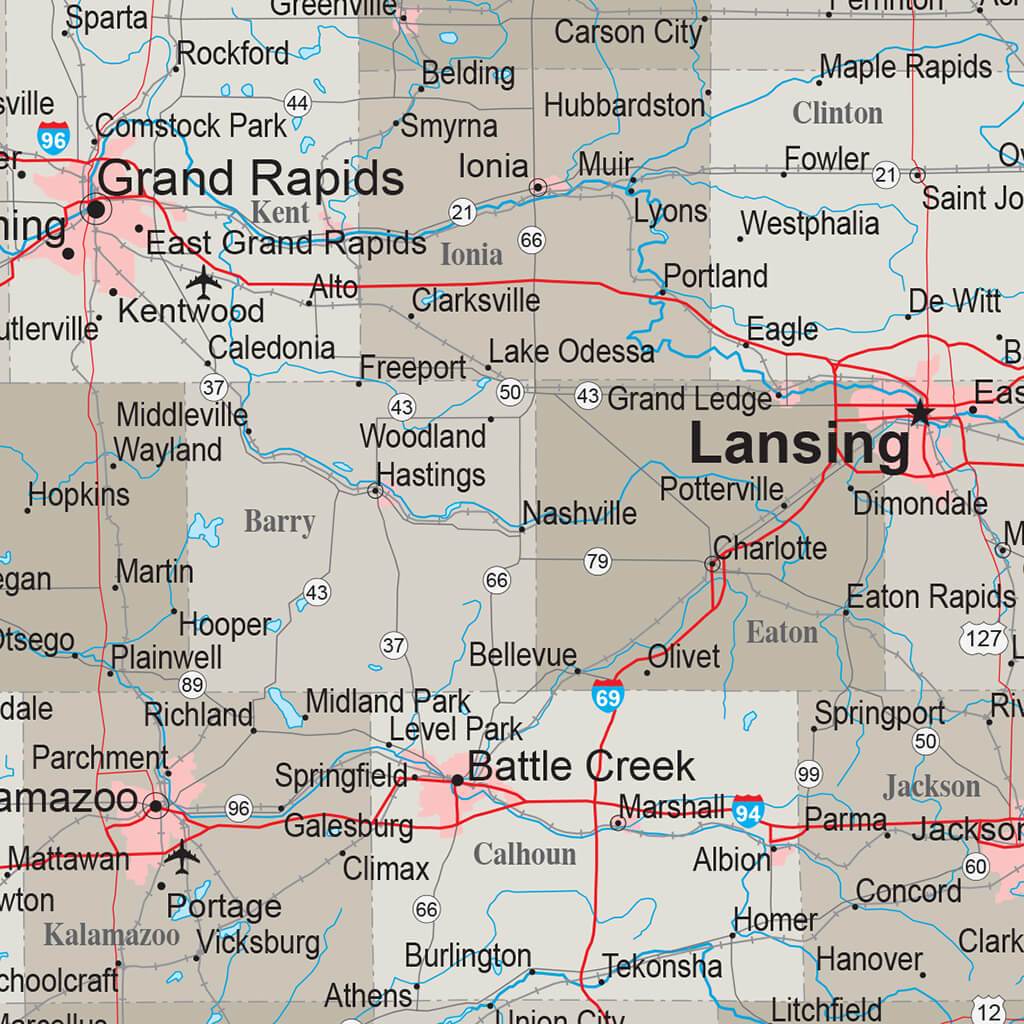 Earth Toned Michigan Travel Map closeup