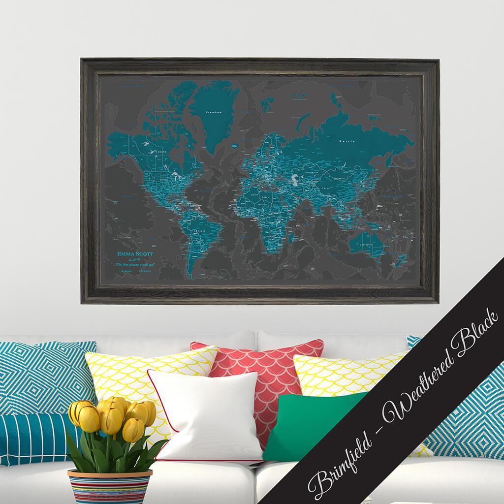 Canvas Midnight Dream Push Pin Travel Map in Brimfield Weathered Black Frame