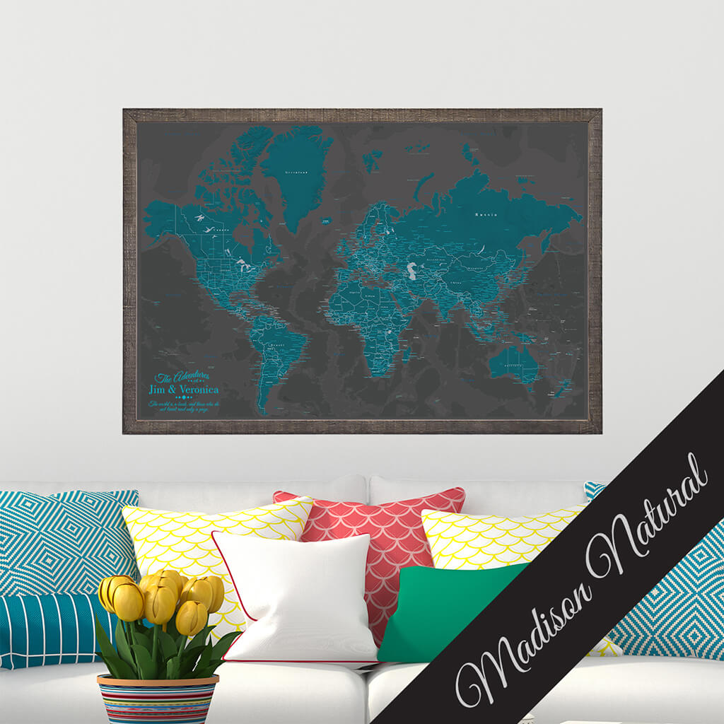 Canvas Midnight Dream Push Pin Travel Map in Premium Madison Natural Brown Frame