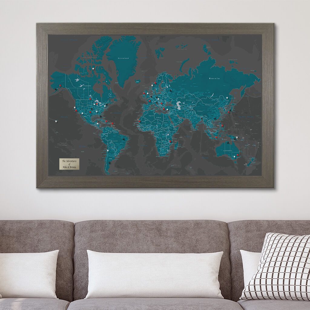 Midnight Dream World Travelers Map in Barnwood Gray Frame