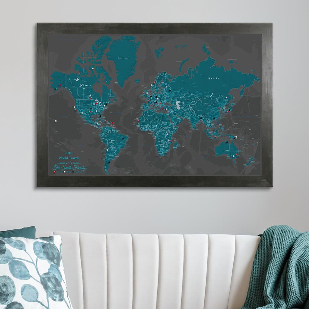Canvas Midnight Dream World Map in Rustic Black Frame