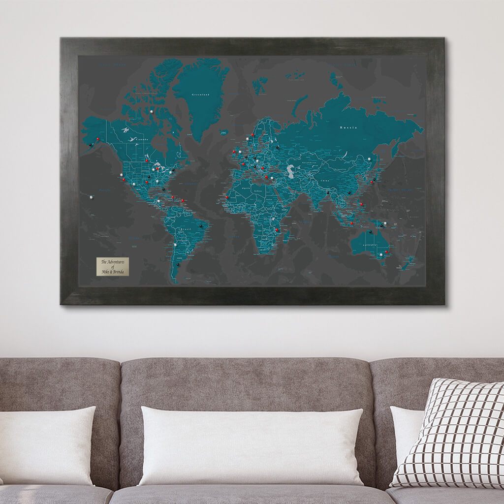 Midnight Dream World Push Pin Map in Rustic Black Frame