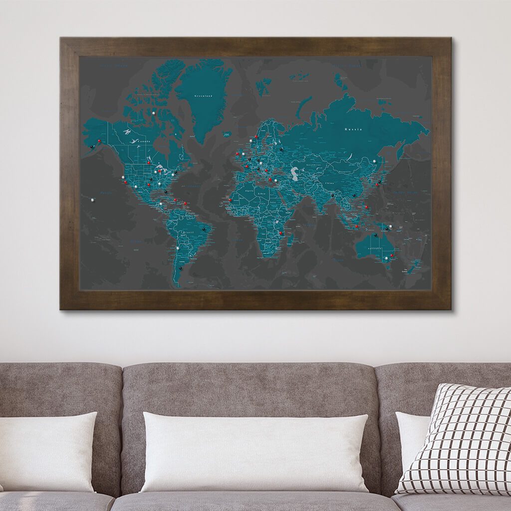 Midnight Dream World Pinboard Travel Map in Rustic Brown Frame