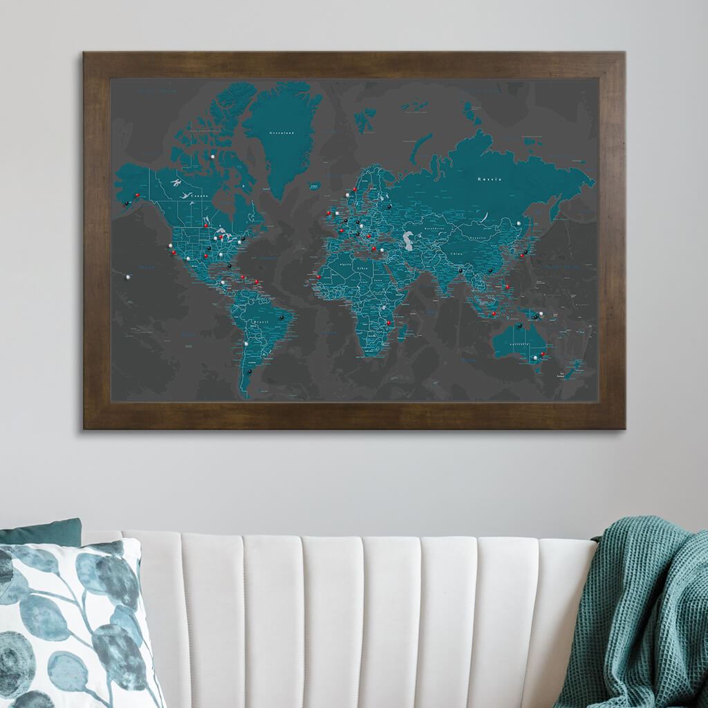 Canvas Midnight Dream Push Pin Travel Map in Rustic Brown Frame