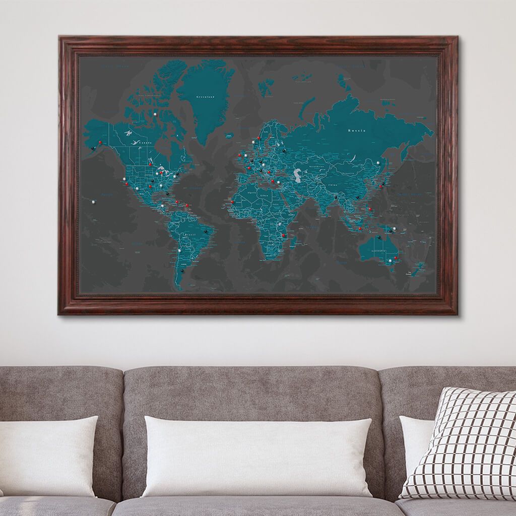 Midnight Dream Push Pin World Map in Solid Wood Cherry Frame