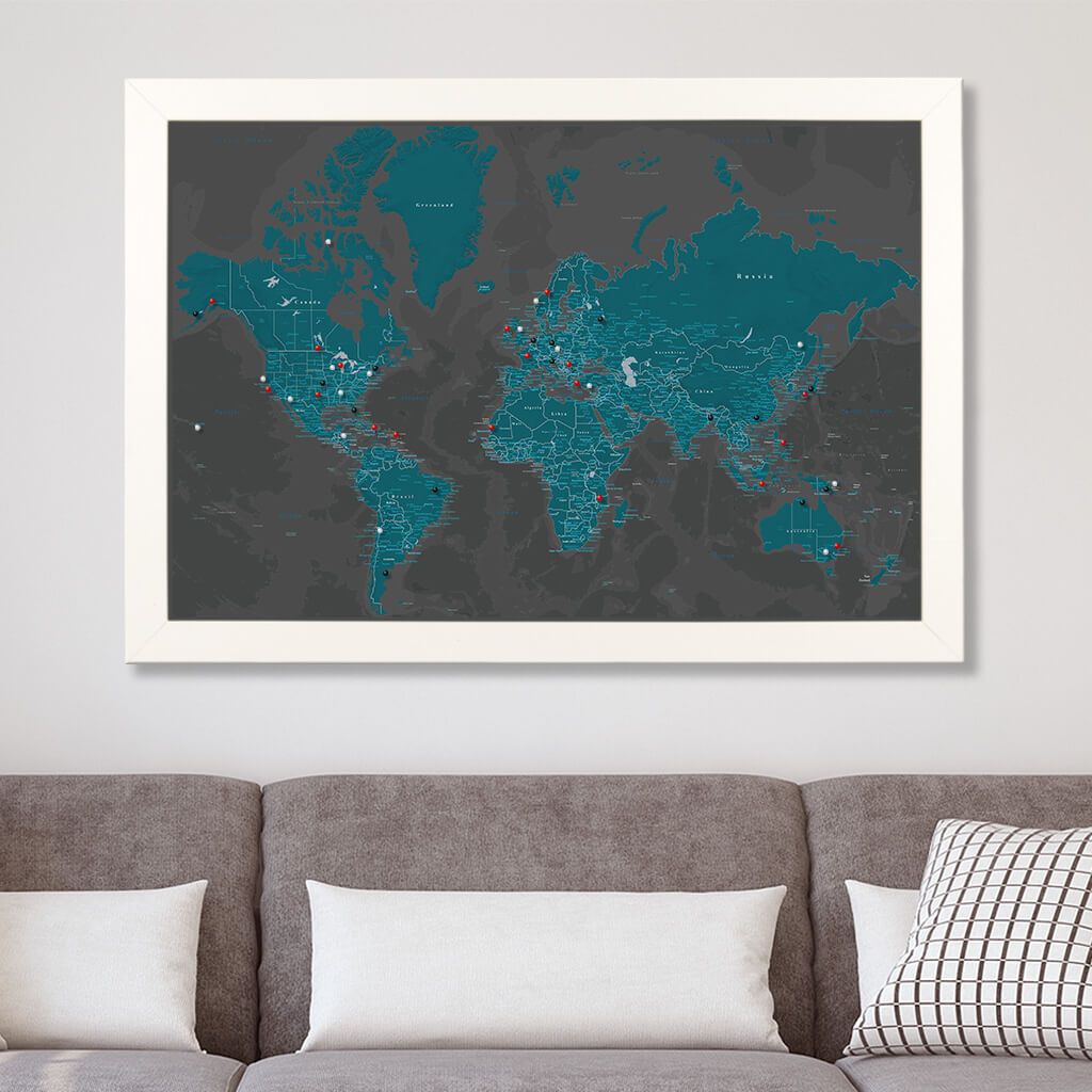 Midnight Dream World Push Pin Travel Map in Textured White Frame