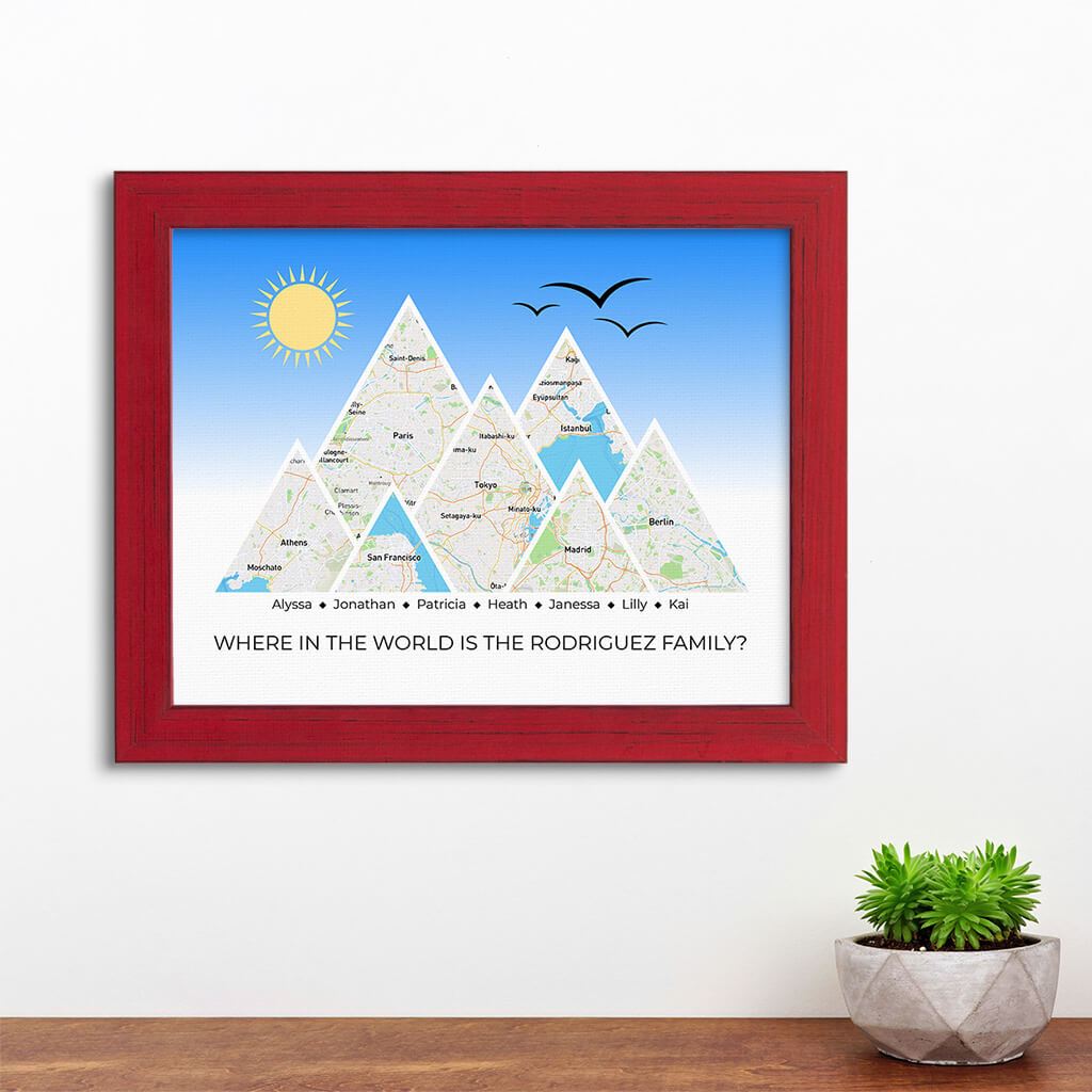 Mountain Map Art Option 4 in Carnival Red Frame