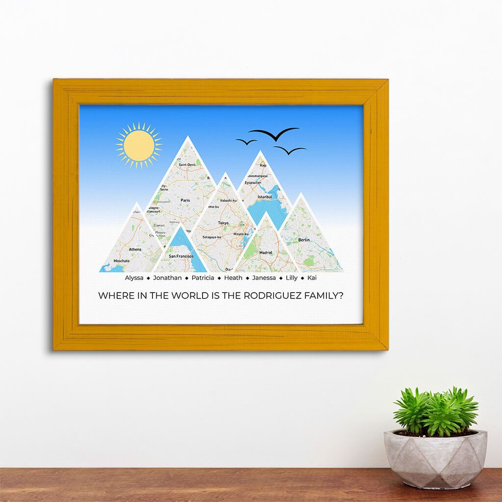 Mountain Map Art Option 4 in Carnival Yellow Frame
