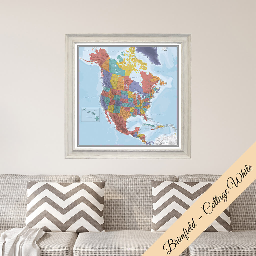 Framed Canvas Blue Oceans North America Map in Brimfield Cottage White Frame
