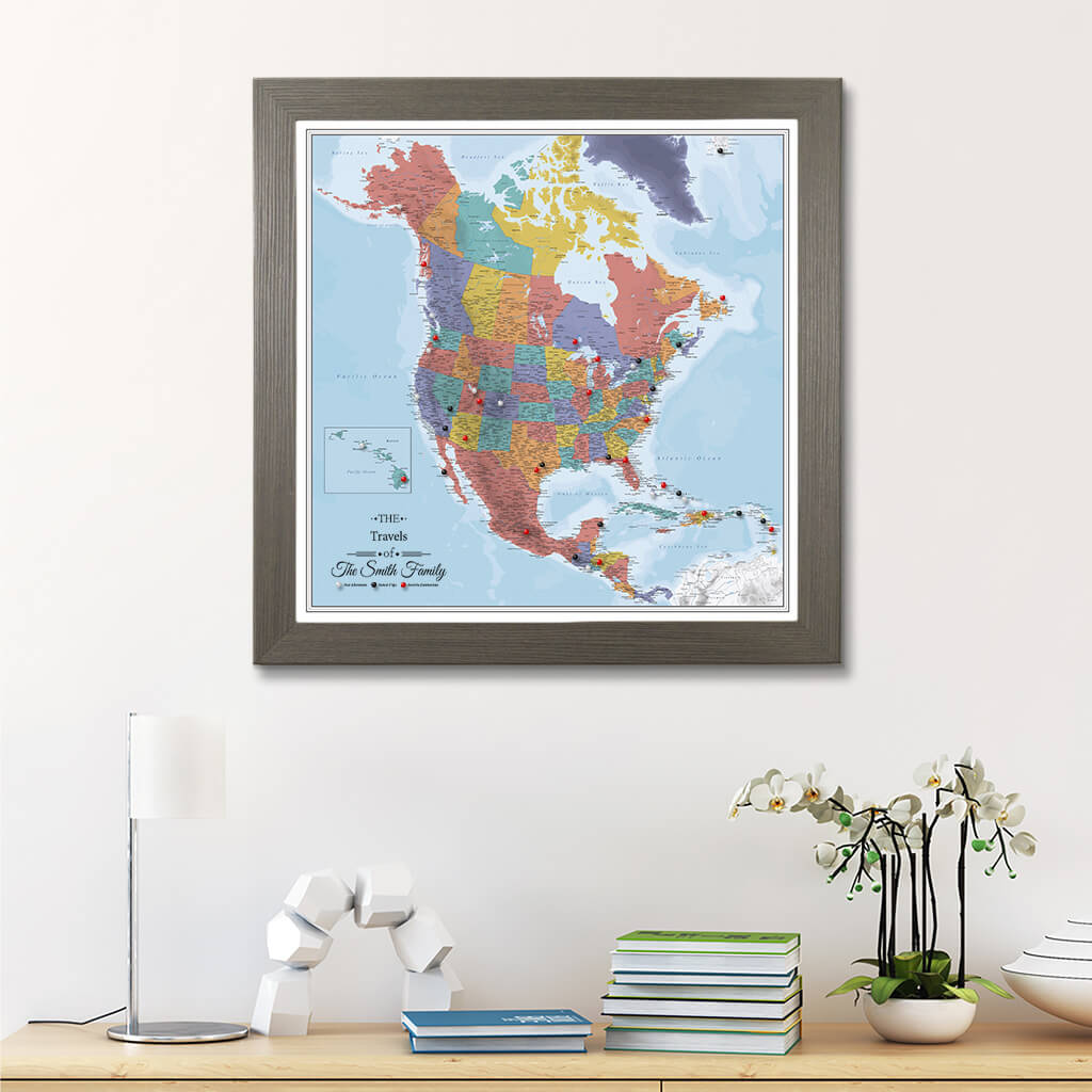 Framed Canvas Blue Oceans North America Map in Barnwood Gray Frame
