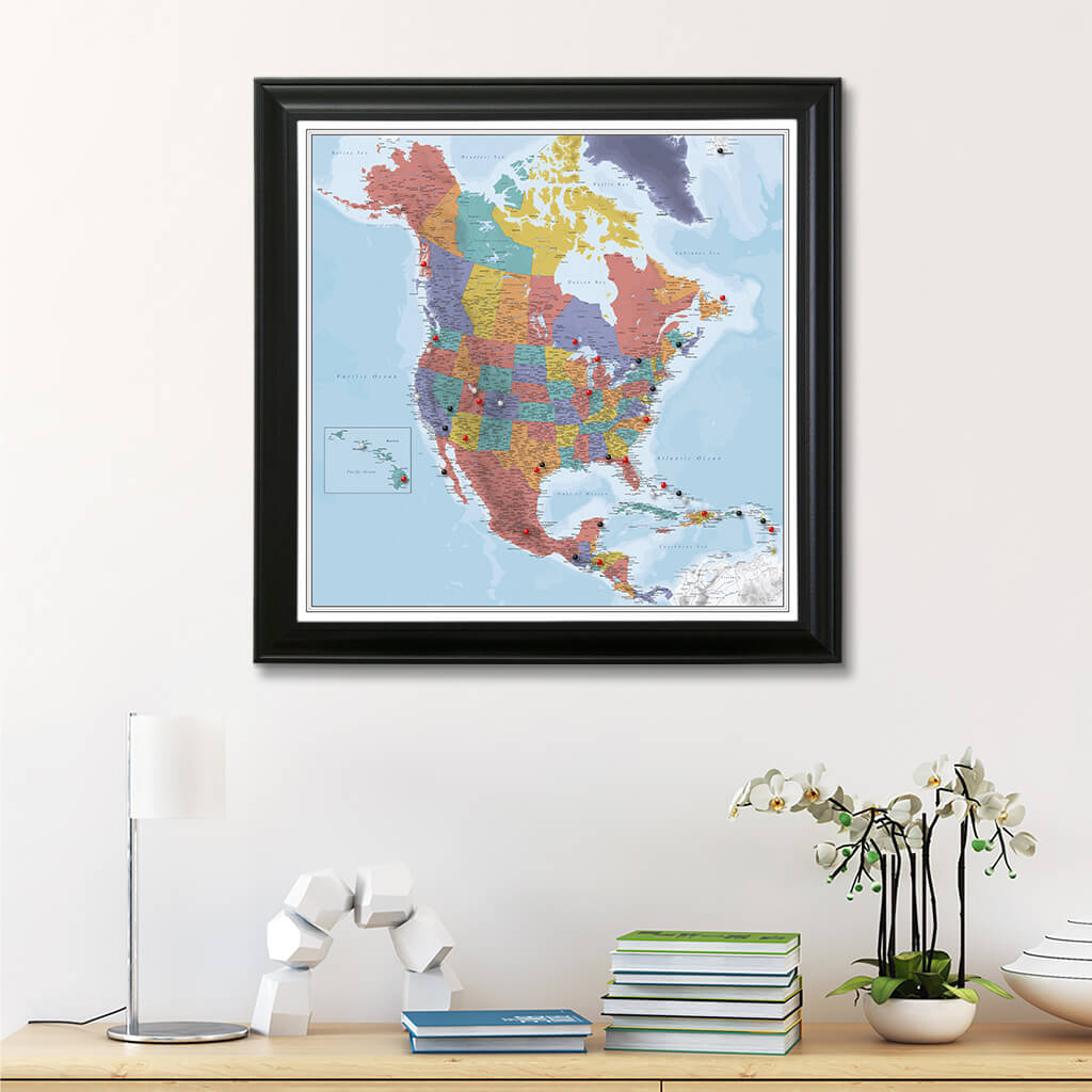 Framed Canvas Blue Oceans North America Map in Black Frame