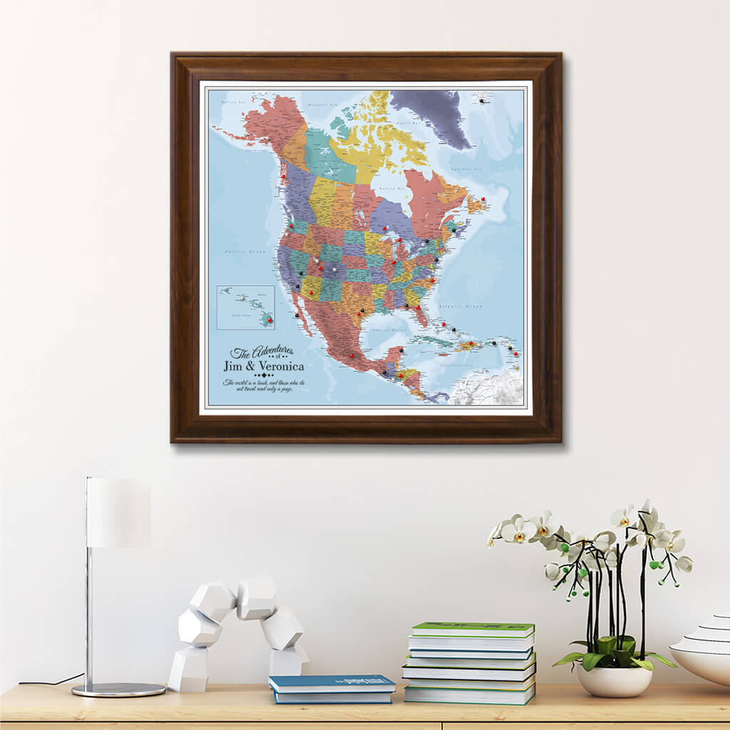 Framed Canvas Blue Oceans North America Map in Brown Frame