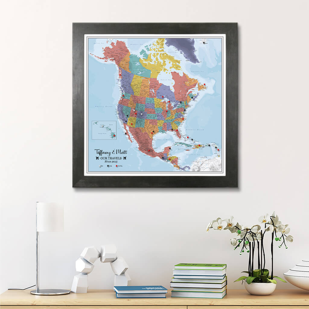 Framed Canvas Blue Oceans North America Map in Rustic Black Frame