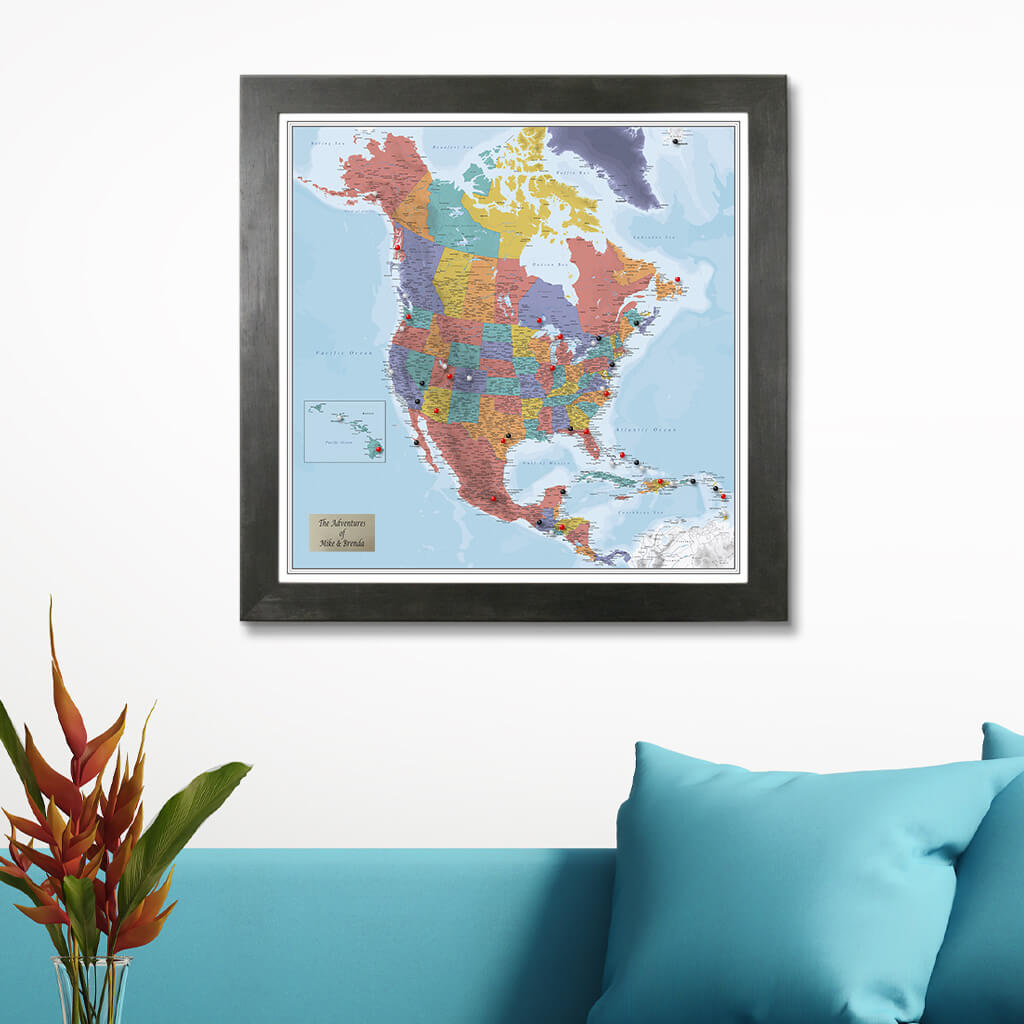Blue Oceans North America Map with Rustic Black Frame