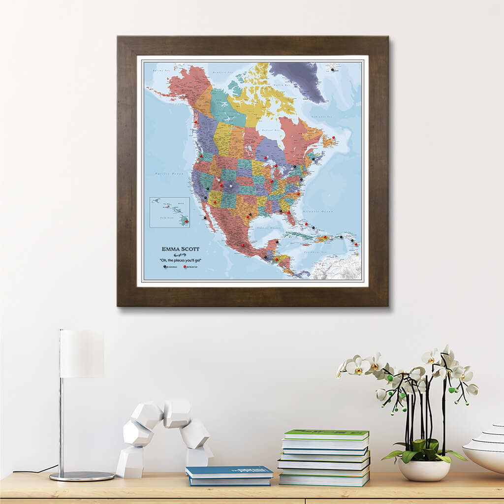 Framed Canvas Blue Oceans North America Map in Rustic Brown Frame
