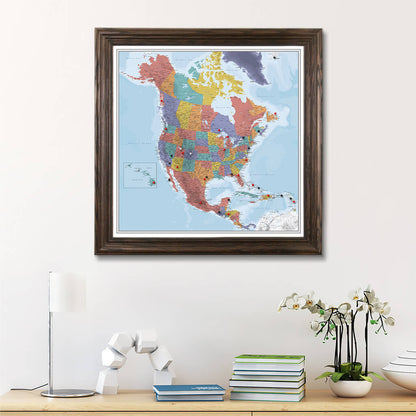 Framed Canvas Blue Oceans North America Map in Solid Wood Brown Frame