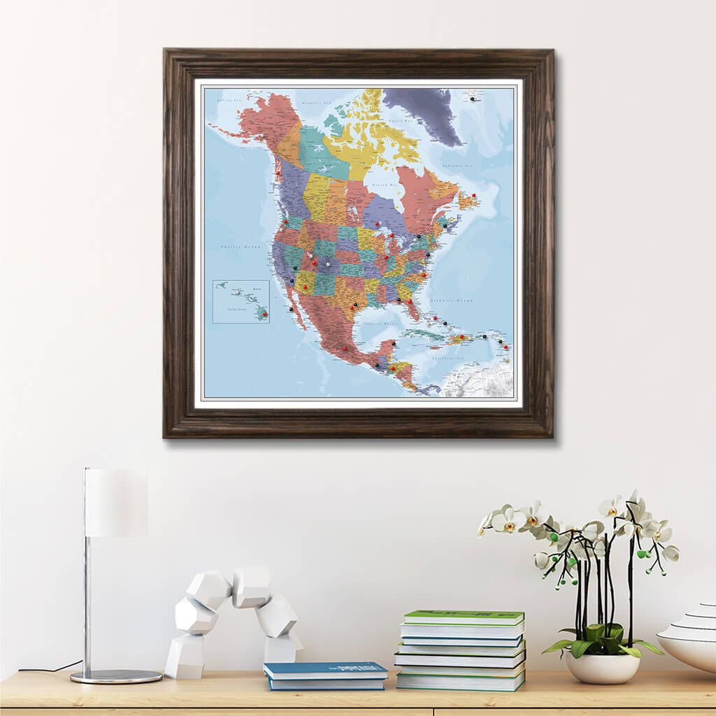 Framed Canvas Blue Oceans North America Map in Solid Wood Brown Frame