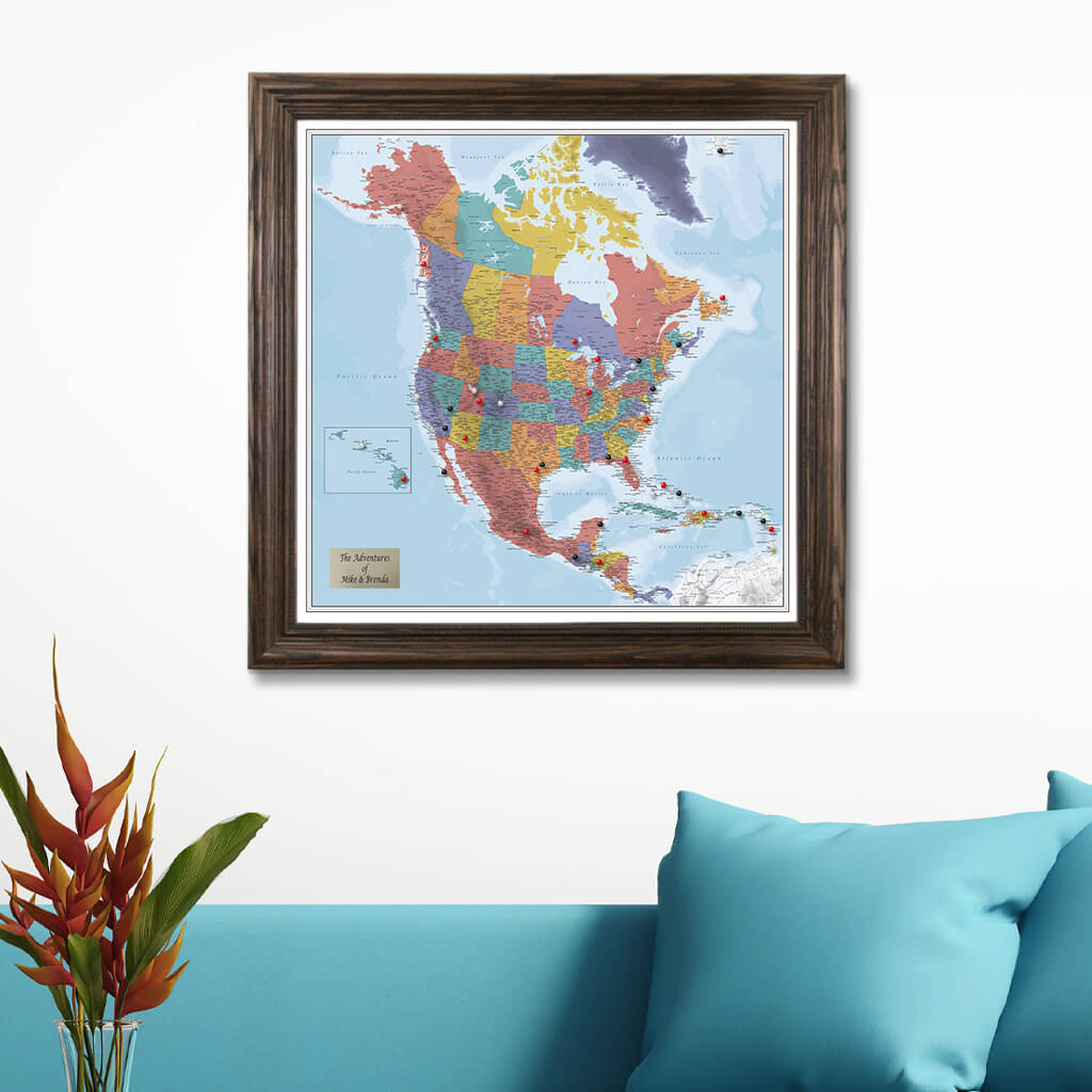 Blue Oceans North America Map with Solid Wood Brown Frame