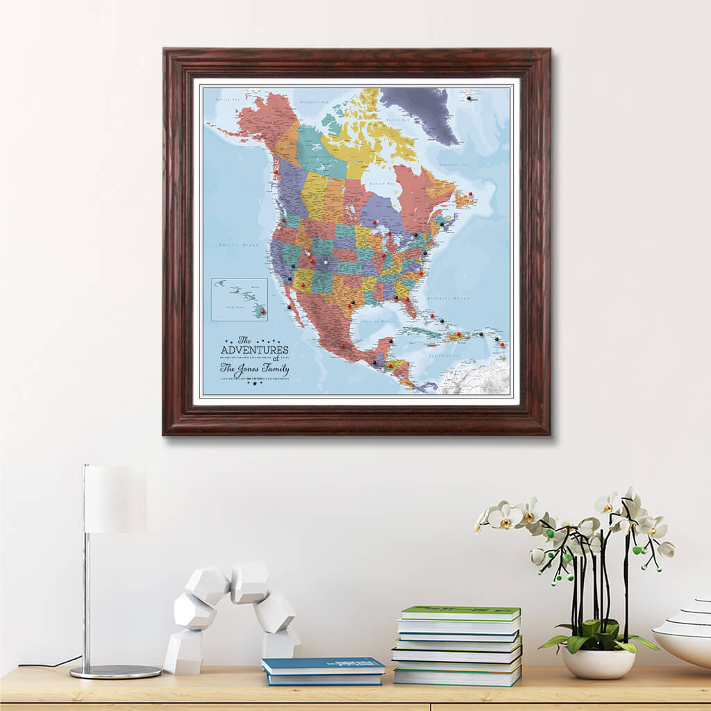 Framed Canvas Blue Oceans North America Map in Solid Wood Cherry Frame