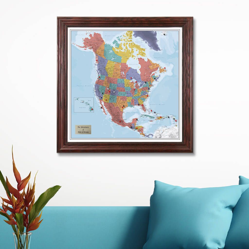 Blue Oceans North America Map with Solid Wood Cherry Frame