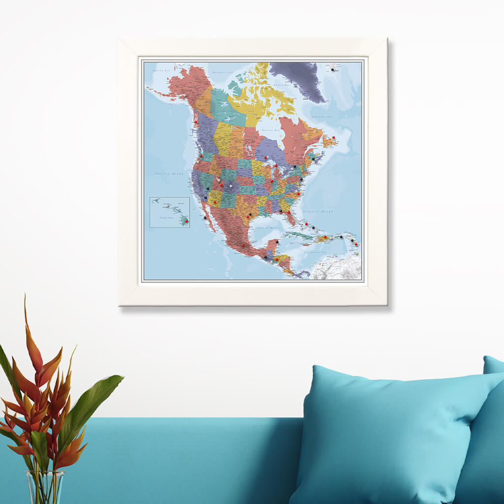 Blue Oceans North America Map with Textured White Frame