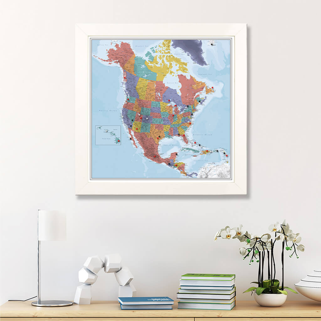 Framed Canvas Blue Oceans North America Map in Textured White Frame