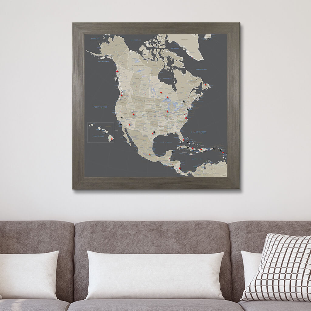 Canvas Earth Toned North America Map in in Barnwood Gray Frame