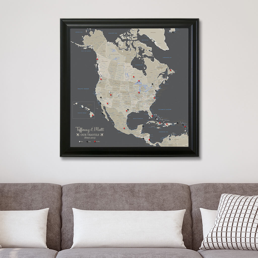Canvas Earth Toned North America Map in Black Frame