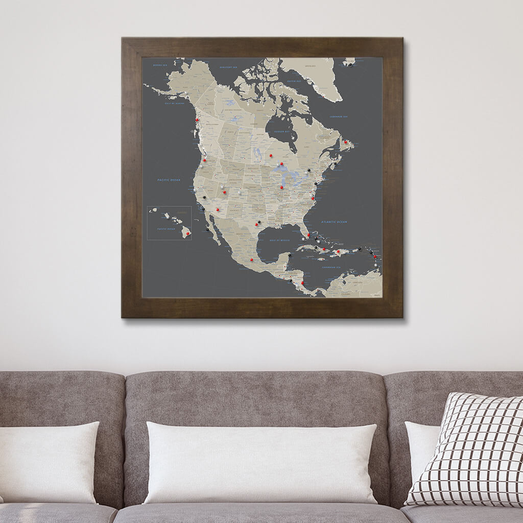 Canvas Earth Toned North America Map in Rustic Brown Frame