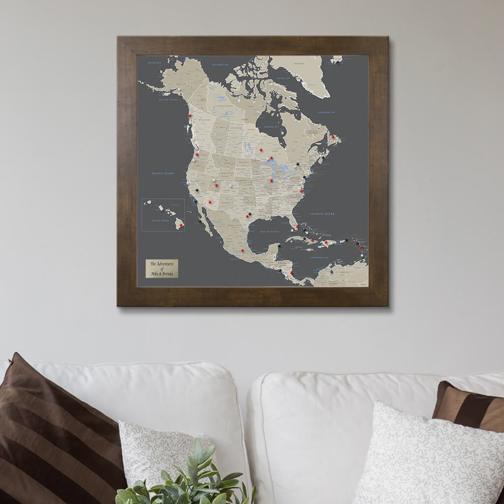 Earth Toned North America Map with Rustic Brown Frame