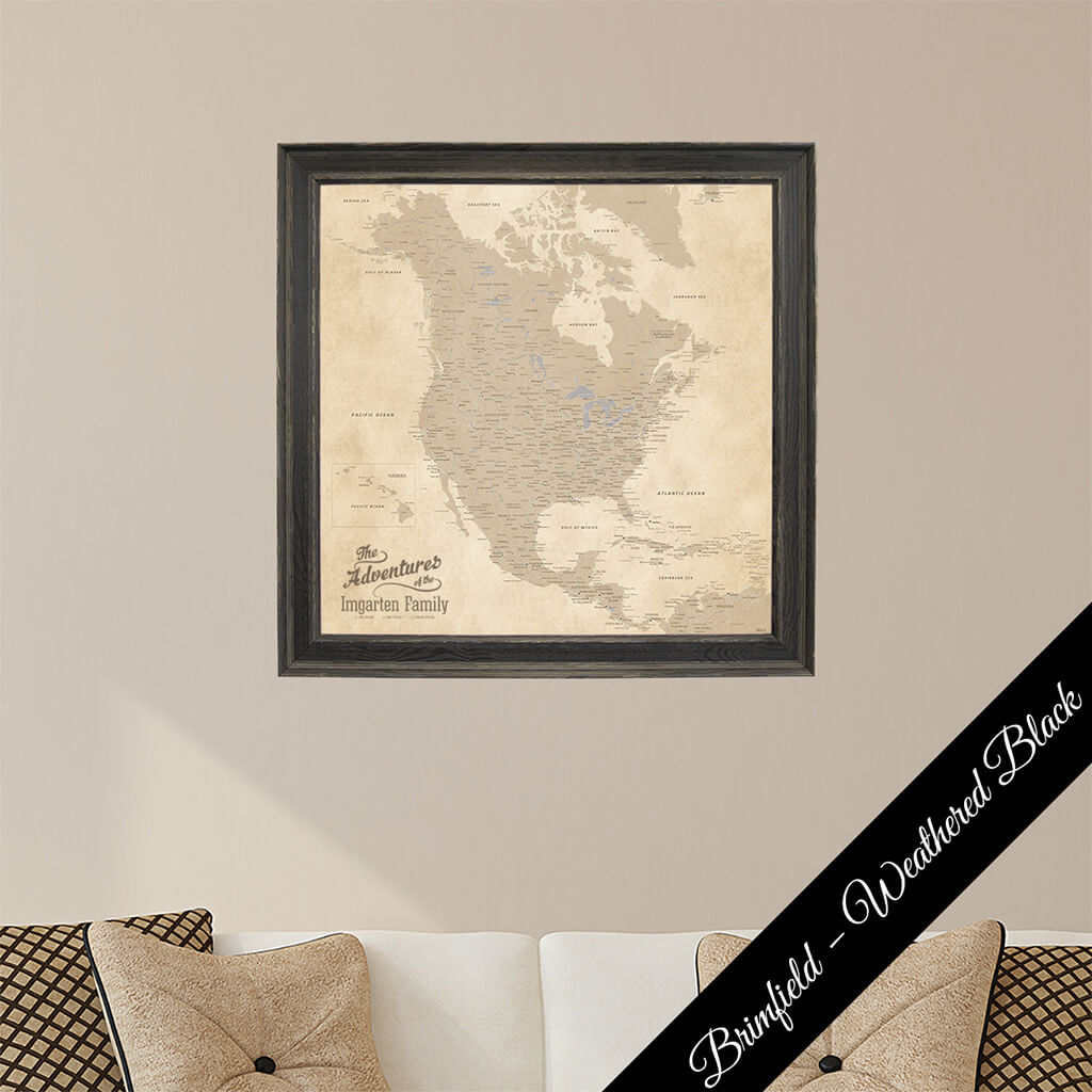 Framed Canvas Map - Vintage North America Map in Brimfield Weathered Black Frame