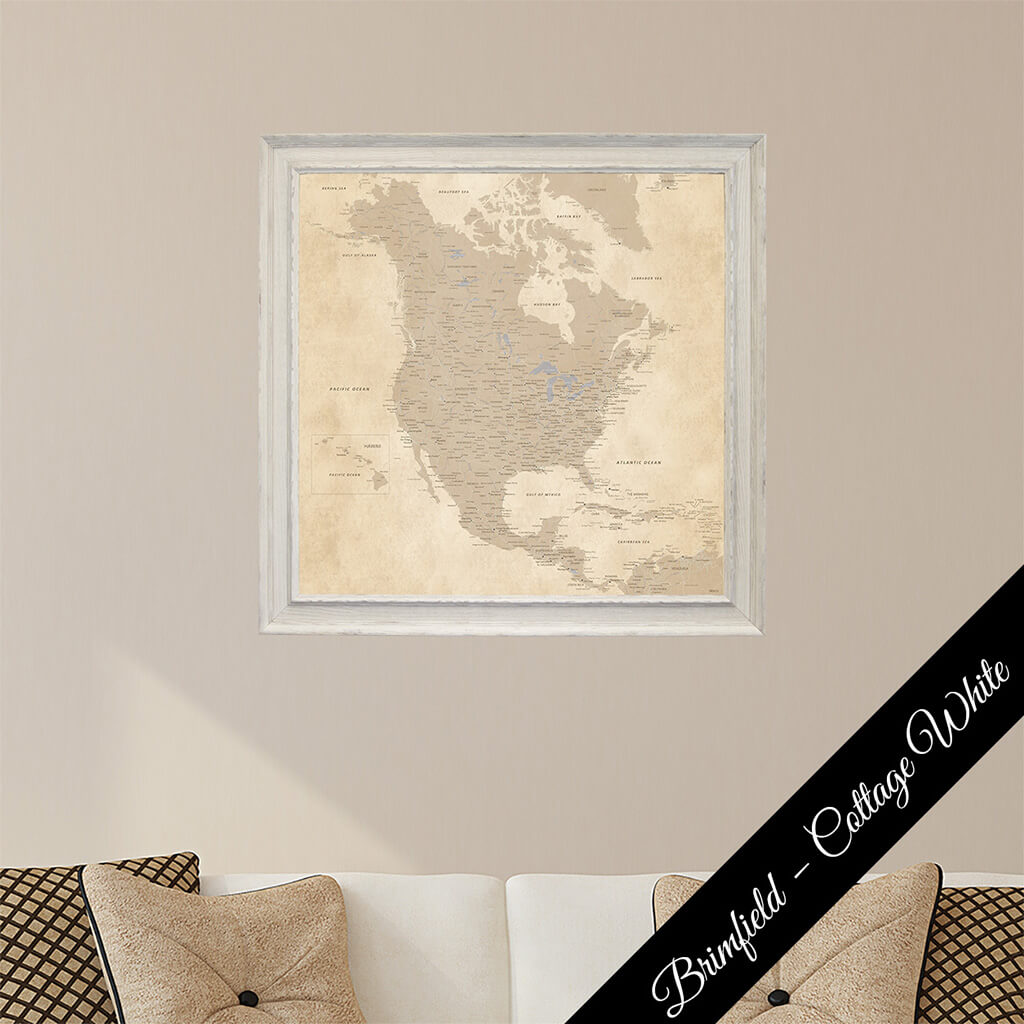 Framed Canvas Map - Vintage North America Map in Brimfield Cottage White Frame