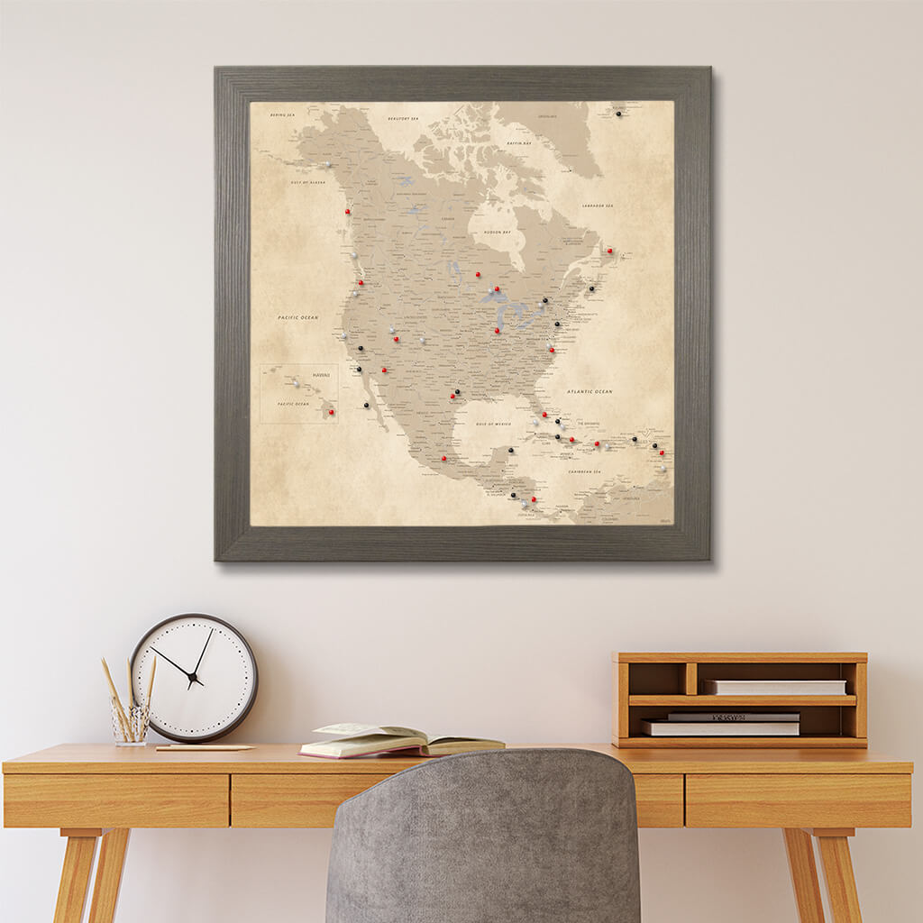 Framed Vintage North America Wall Map - Barnwood Gray Frame